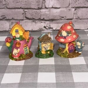 Bunny Rabbits Small Village Figurines Lot of 3 Mushroom Teapot Rabbit Houses